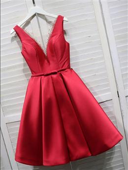 Picture of Red Color Satin V-neckline Knee Length Homecoming Dresses, Red Color Short Prom Dresses